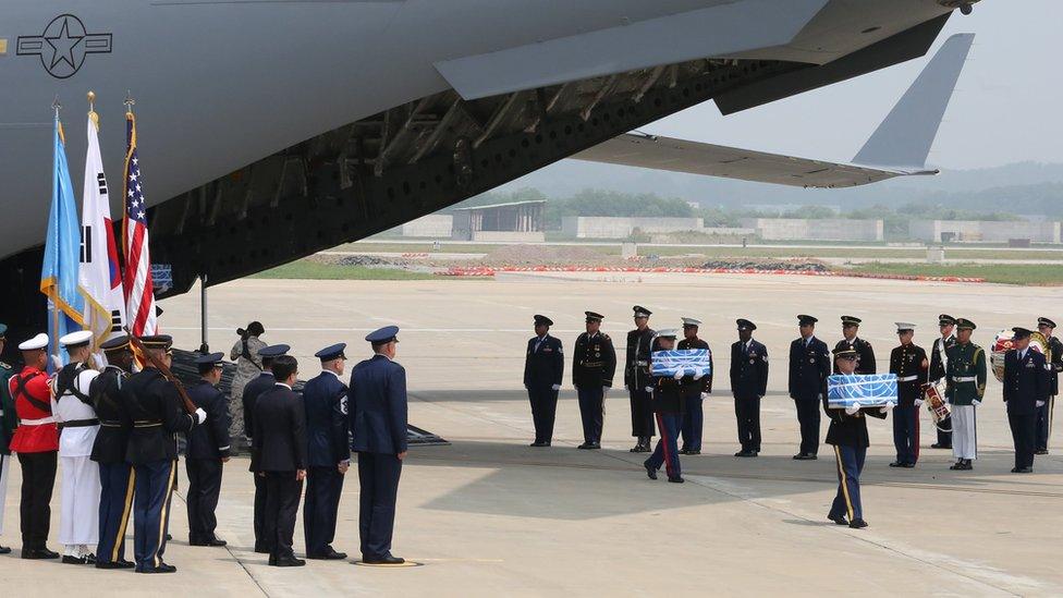 US military airplane arriving at base in South Korea