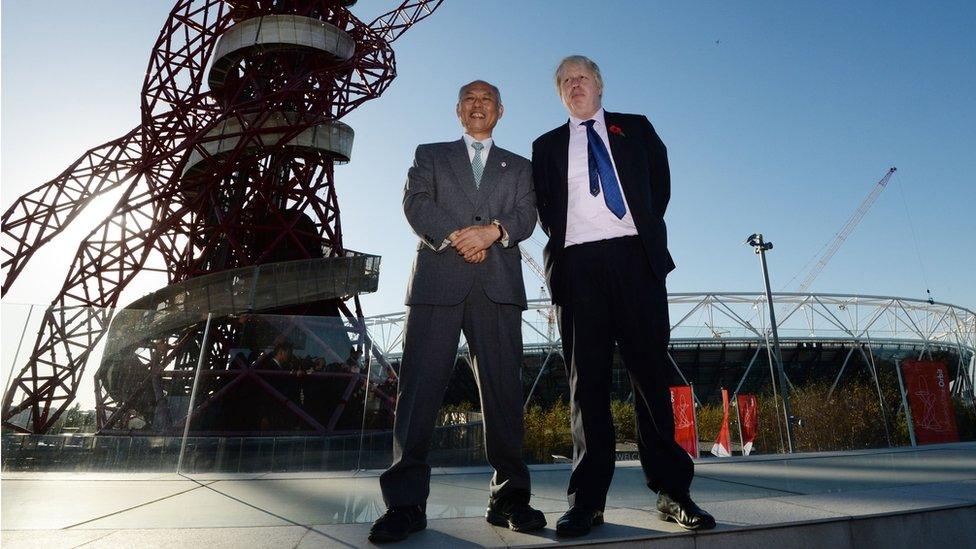 Mayor of London Boris Johnson (right), alongside Tokyo Mayor Yoichi Masuzoe in the Olympic Park in London, 28 October 2014.