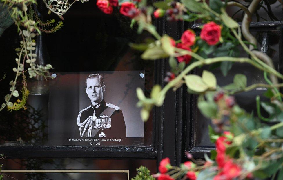 A picture of Britain's Prince Philip, Duke of Edinburgh is placed in a window of a pub near Windsor Castle, Windsor, United Kingdom