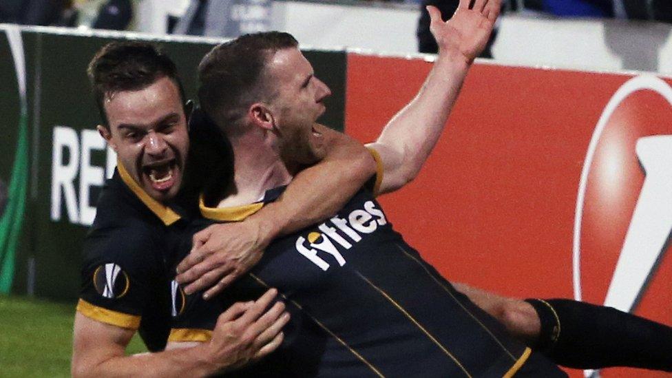 Dundalk forward Ciaran Kilduff celebrates scoring against Maccabi Tel-Aviv