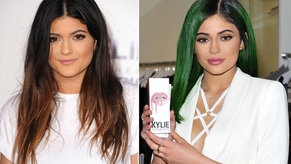 Side-by-sie collage showing Kylie Jenner in 2013, and in 2015 with much bigger lips at launch event