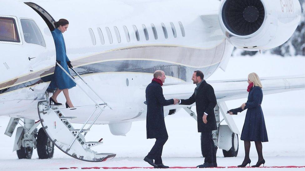 William and Kate disembark their plane in Norway