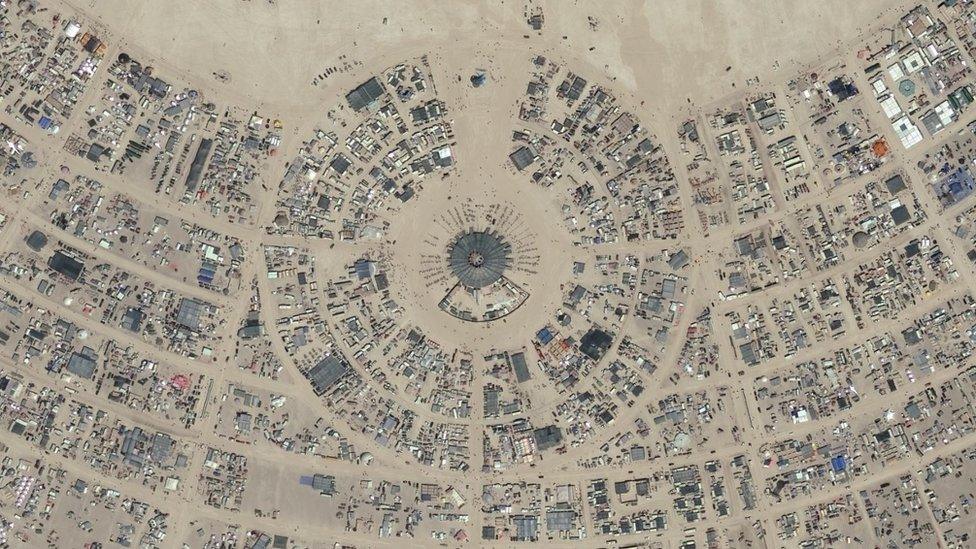 Arial photograph of a section of Burning Man in 2017