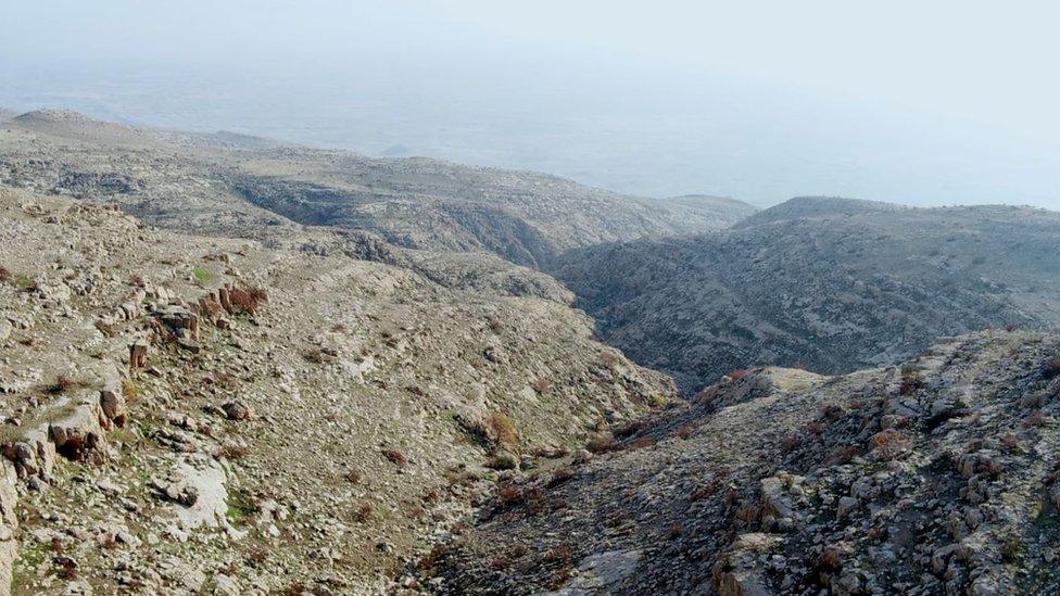 Aerial view of caves where IS fighters have been hiding out