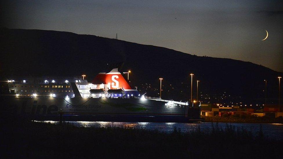 The Superfast VIII ship docked in Belfast on Monday evening, pictured with a thin crescent moon in the sky behind it