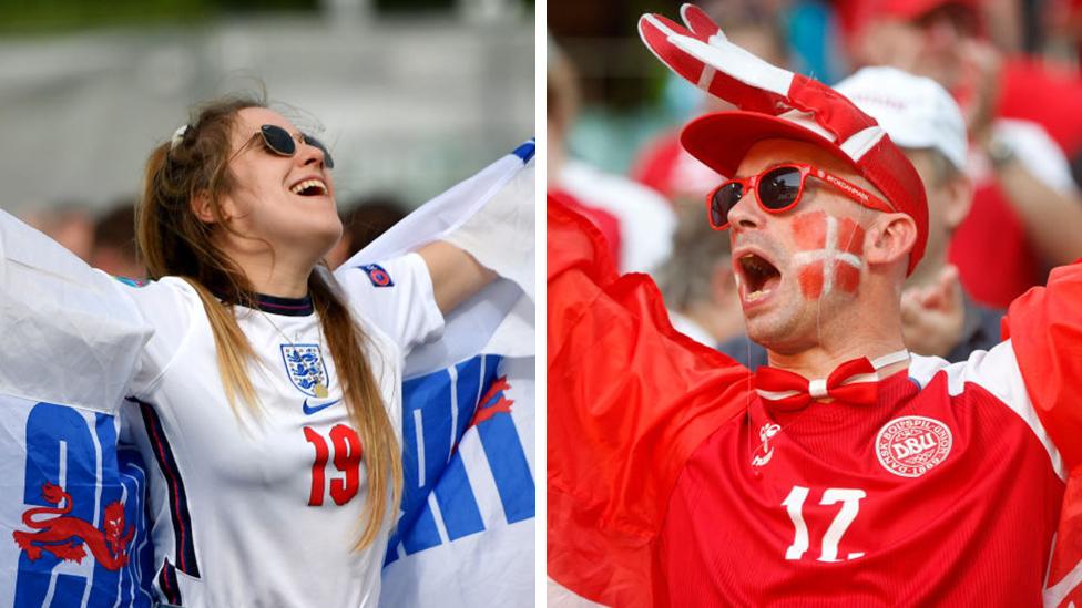 An England fan and a Denmark fan