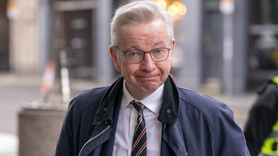 Michael Gove gives the camera a closed-lip smile