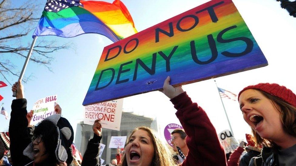 Same-sex marriage supporters shout slogans in front of the US Supreme Court on March 26, 2013 in Washington, DC