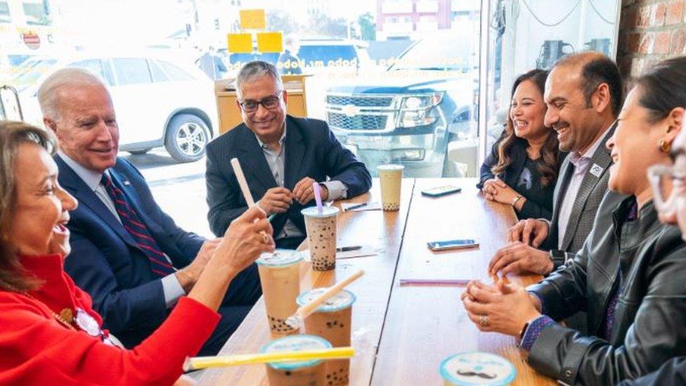 Mr Narasimhan and Mr Syed with Joe Biden