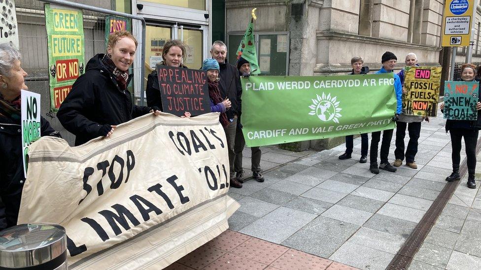 The campaigners gathered outside Cardiff Justice Centre