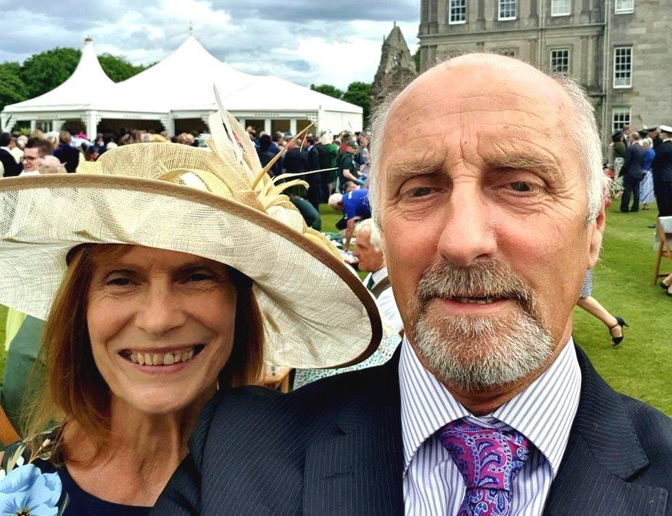 John Anderson and wife Margaret at a garden party at the Palace of Holyroodhouse