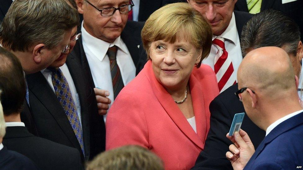 The German Chancellor, Angela Merkel, in parliament