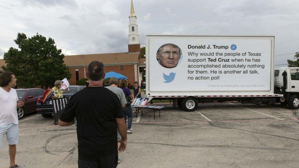 A trucks sponsored by a pro-Democrat group features a Trump tweet critical of Mr Cruz