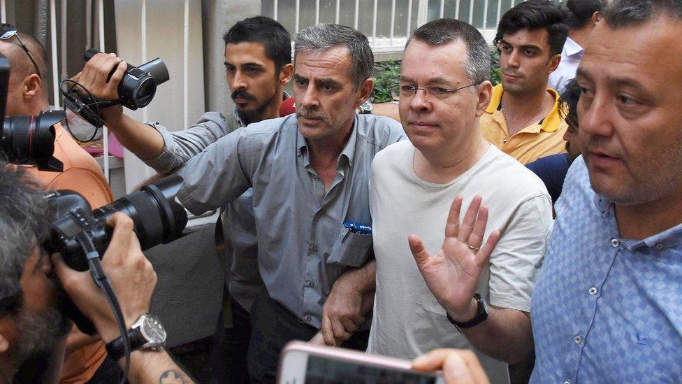 U.S. pastor Andrew Brunson reacts as he arrives at his home after being released from the prison in Izmir, Turkey July 25, 2018