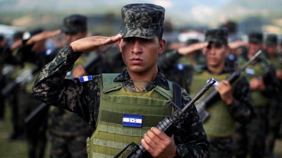 Honduran soldiers participate in the Tri-National anti gang task force deployment ceremony in Nueva Ocotepeque, Honduras, November 15, 2016.