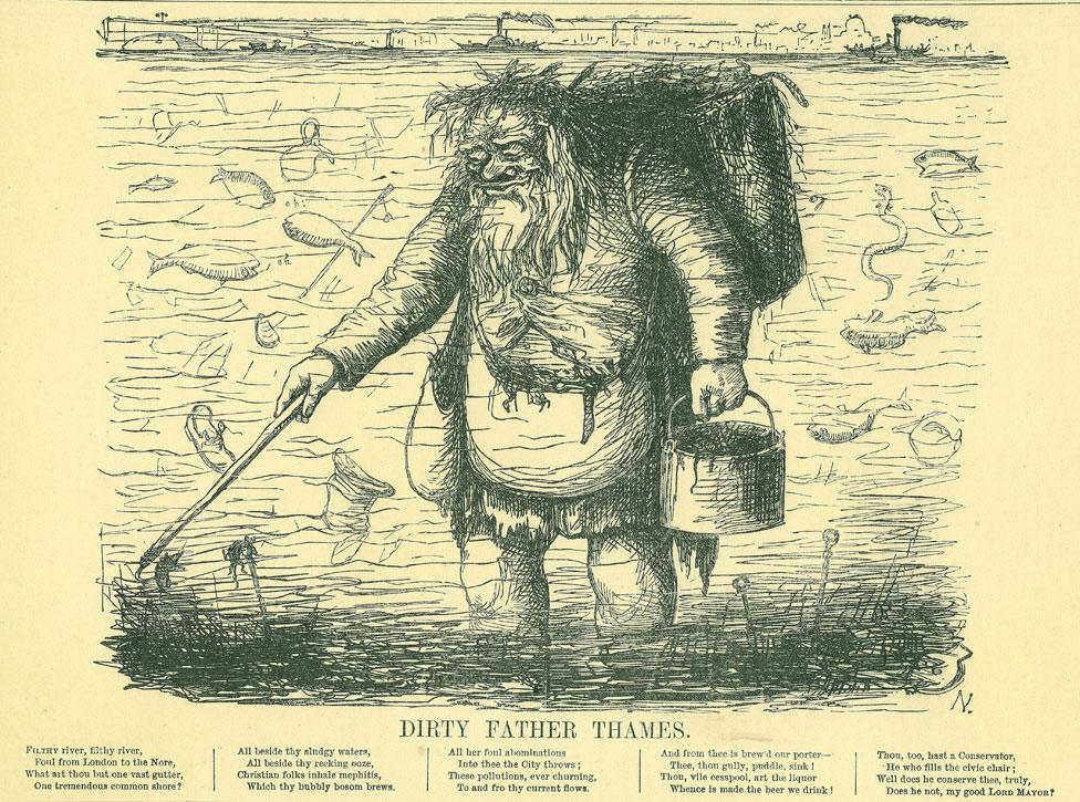 A 1849 cartoon from Punch showing "Dirty Father Thames - more an open sewer than a river"