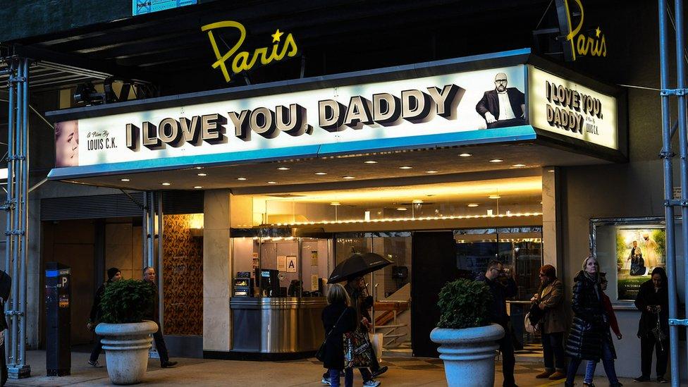 An exterior view of The Paris Theatre with a marquee advertising the Louis CK movie I Love You, Daddy in New York City on 9 November 2017