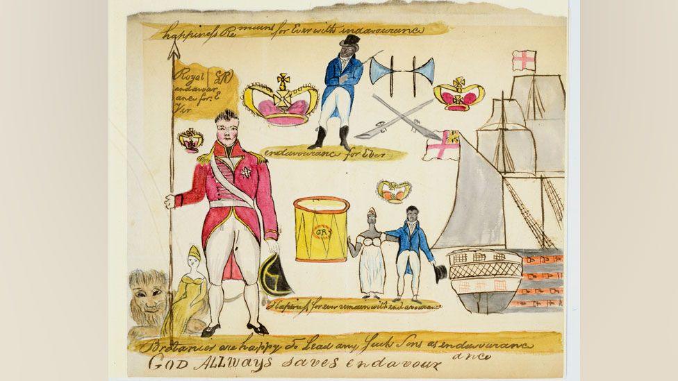 A sketch of a martial flag seized from enslaved insurgents during Bussa’s Rebellion, Barbados, 1816. It shows a red-coated army white officer on the right, a Black man and woman, wearing Regency clothing and standing together and a Black man above in a blue tail coat and black top hat. There is also a drawing of a ship on the right. It says God always saves endeavour