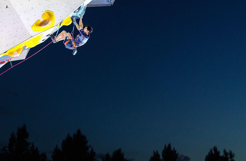 Zento Murashita is seen during the the men's semifinals of the IFSC Climbing World Cup in Innsbruck, Austria. Photo by Marco Kost