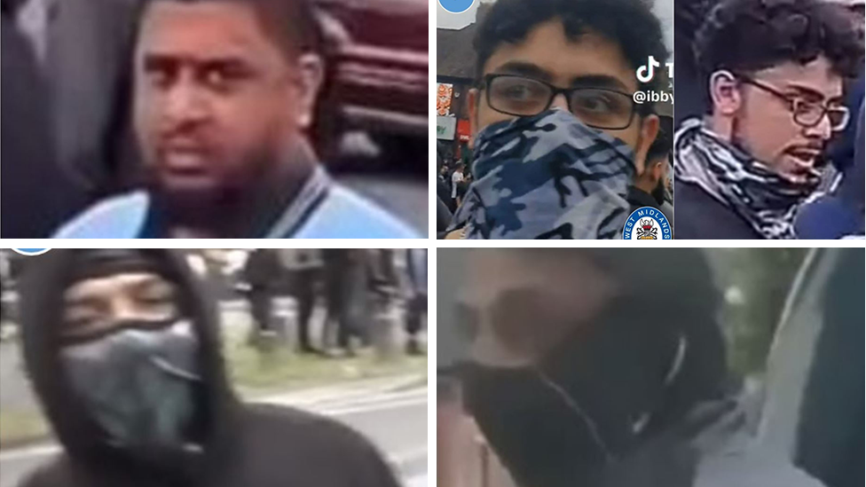 Composite image of four men taken from mobile phone footage. Three have their faces partly obscured by masks, the other a beard and blue jumper.