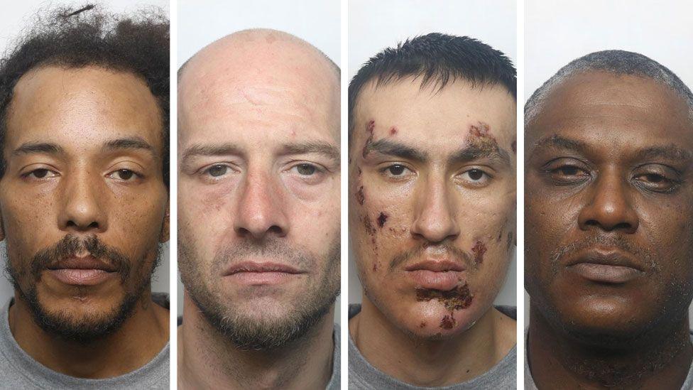 Aaran Pattinson, Philip Solomon, Scott Cordice and Marlon Cato are all pictured in their police custody photos. All are wearing custody-issues grey tops. Pattinson is unshaven. Solomon is balding. Cordice appears with cuts, grazes and scabs across his face. Cato has short hair.