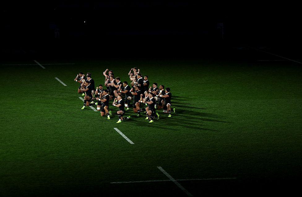 The All Blacks perform the haka during the International Test match against France in Dunedin, New Zealand. Photo by Phil Walter