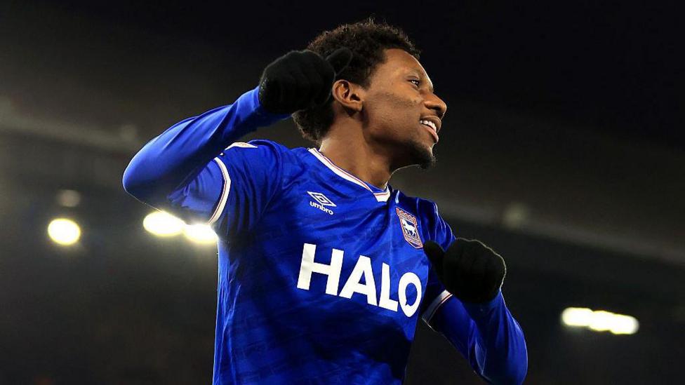 Jaden Philogene celebrating scoring for Ipswich