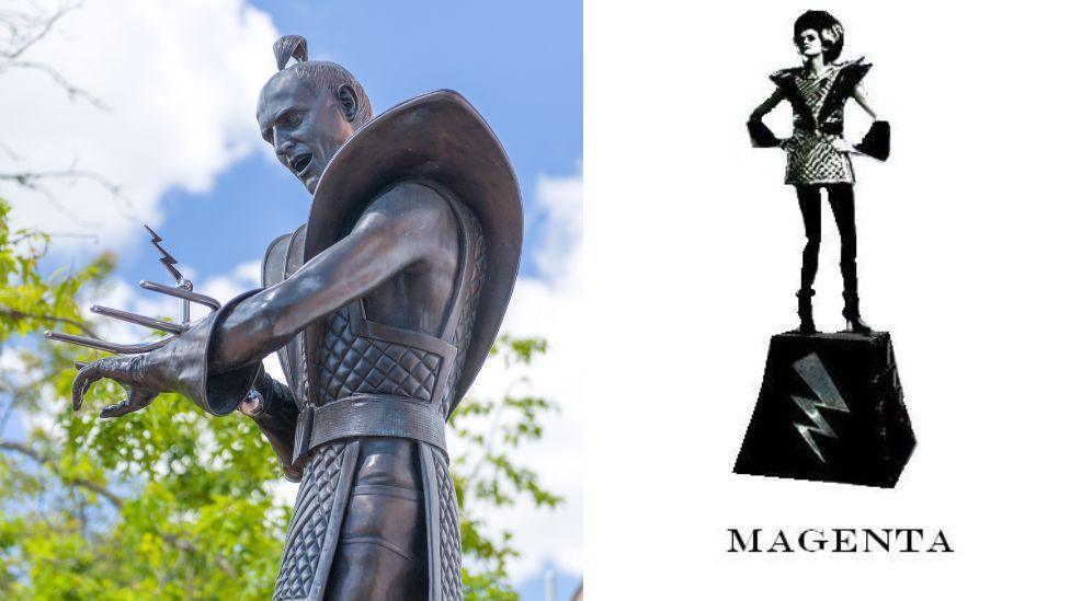 A image of the state of Riff Raff in New Zealand, on the right side of the image is an artists impression of what the statue in Belfast could look like. 