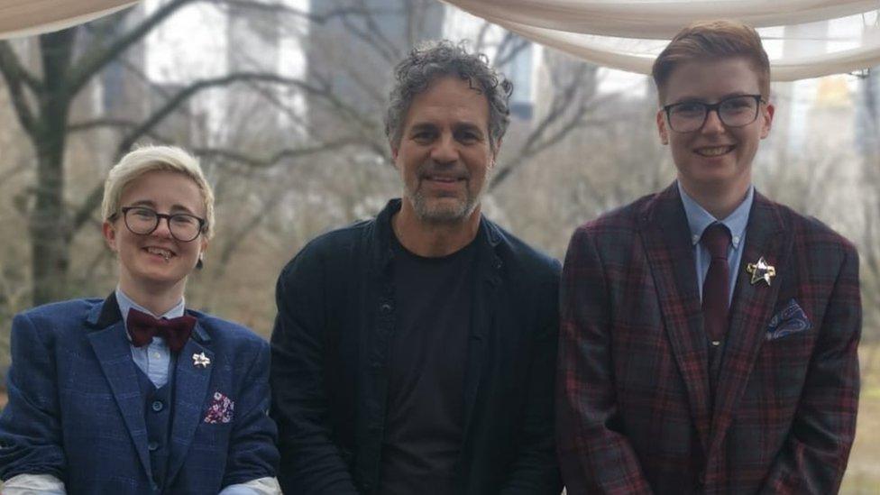 Actor Mark Ruffalo with newlyweds Klaire Hodgson and Lynz Tanner