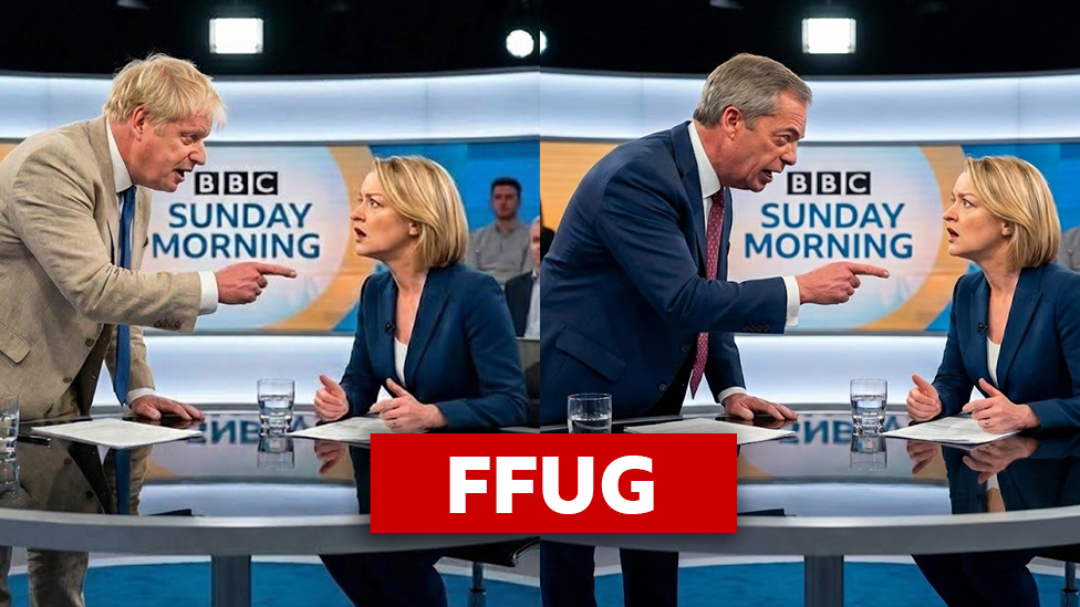 Roedd rhai o'r lluniau yn dangos ffrae ffug rhwng nifer o wleidyddion a Laura Kuenssberg