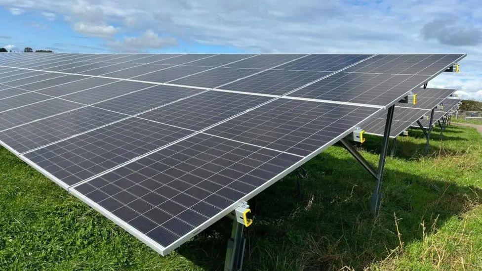 Several arrays of solar panels in a grassy field on a sunny day.