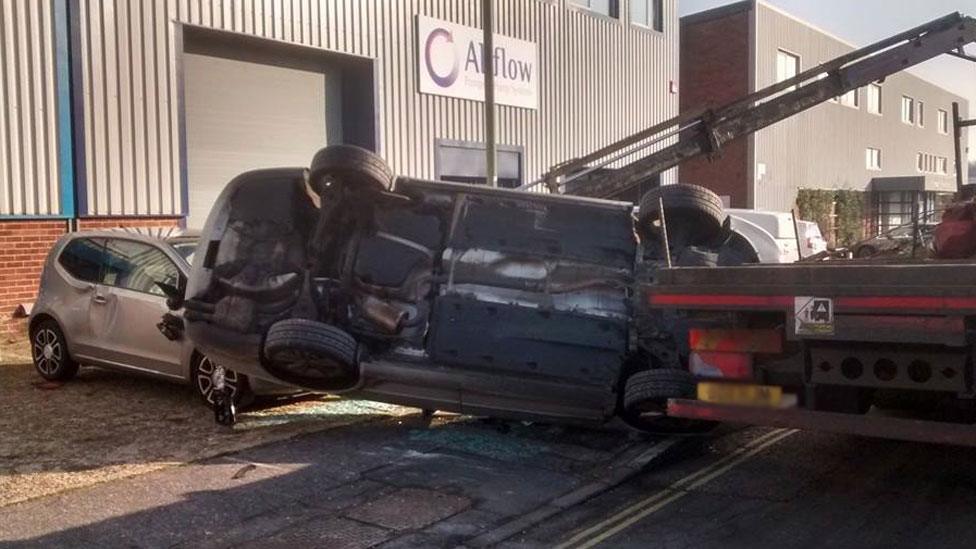 The 'flipped' car on Aston Road, Waterlooville