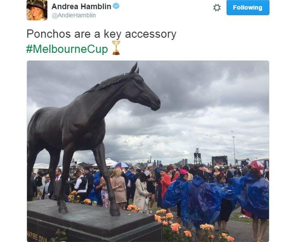 Screen shot of tweet: racegoers sheltering