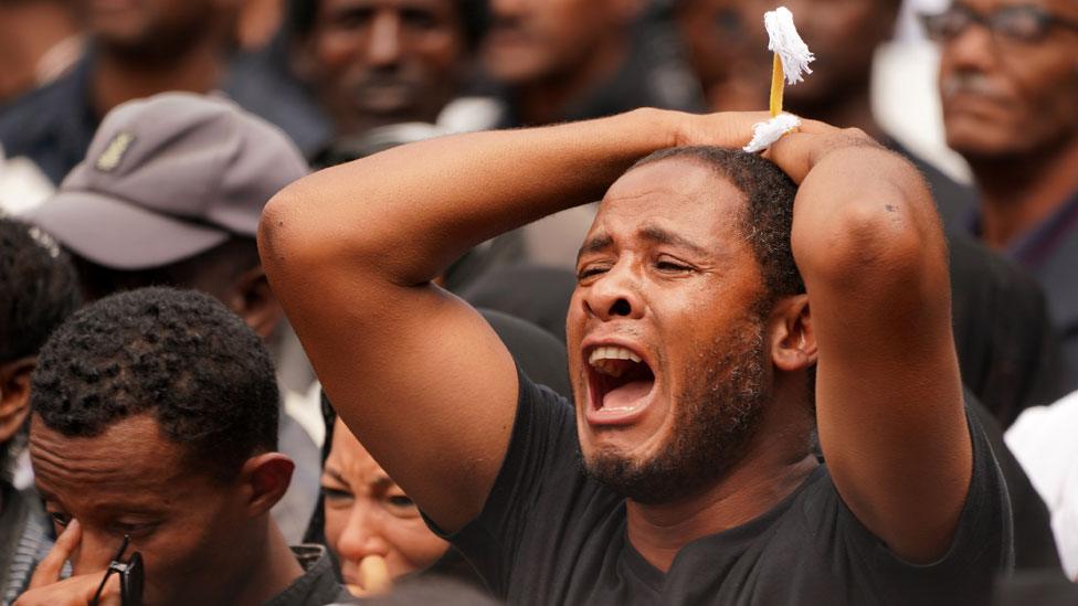 A mourner screams for a loved one who perished in the Ethiopian Airways ET302 during a memorial service at Selassie Church on March 17, 2019 in Addis Ababa, Ethiopia.