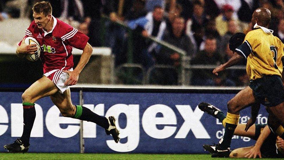 Dafydd James runs in a try during the Australia v British and Irish Lions in Brisbane in 2001