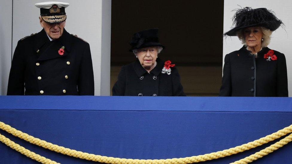 The Queen, Prince Philip and the Duchess of Cornwall at Remembrance Sunday