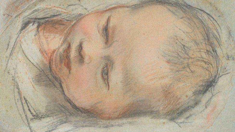 Federico Barocci, The head and shoulders of a swaddled baby, lying down.