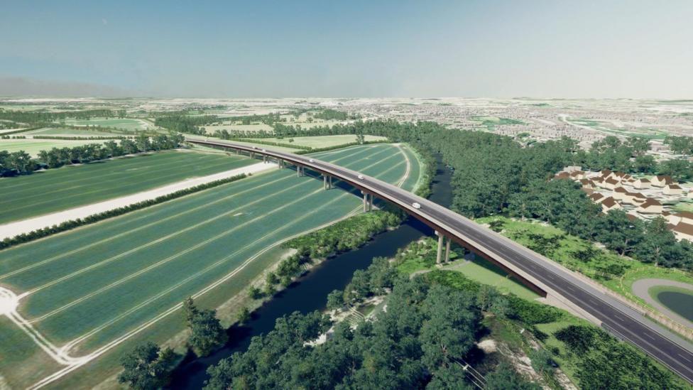 An artists impression of the relief road, showing a long dual carriageway running through the countryside