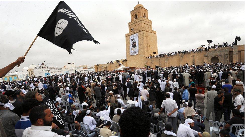 Tunisian Islamists attend a rally on May 20, 2012 in Kairouan. Hundreds of Salafist Muslims gathered Sunday in Kairouan (central Tunisia), for 'the second national congress of Ansar al-Sharia,' one of the most radical movements of the Salafist movement in Tunisia