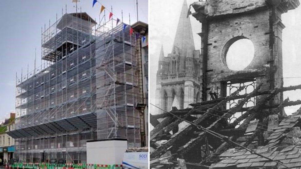 Town clock, before and after picture