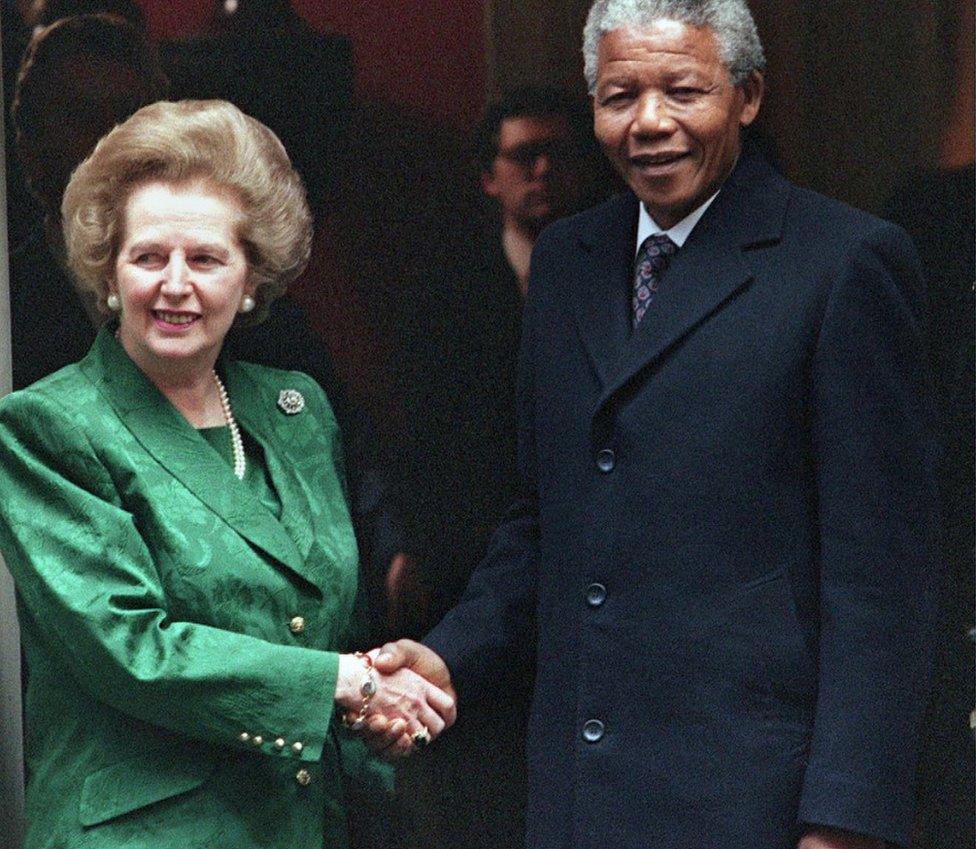 Margaret Thatcher with Nelson Mandela on the steps of No 10 Downing Street