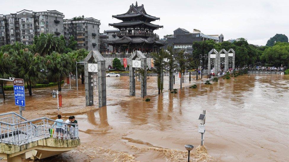 Streets submerged by floodwater in Guilin in China's southern Guangxi region