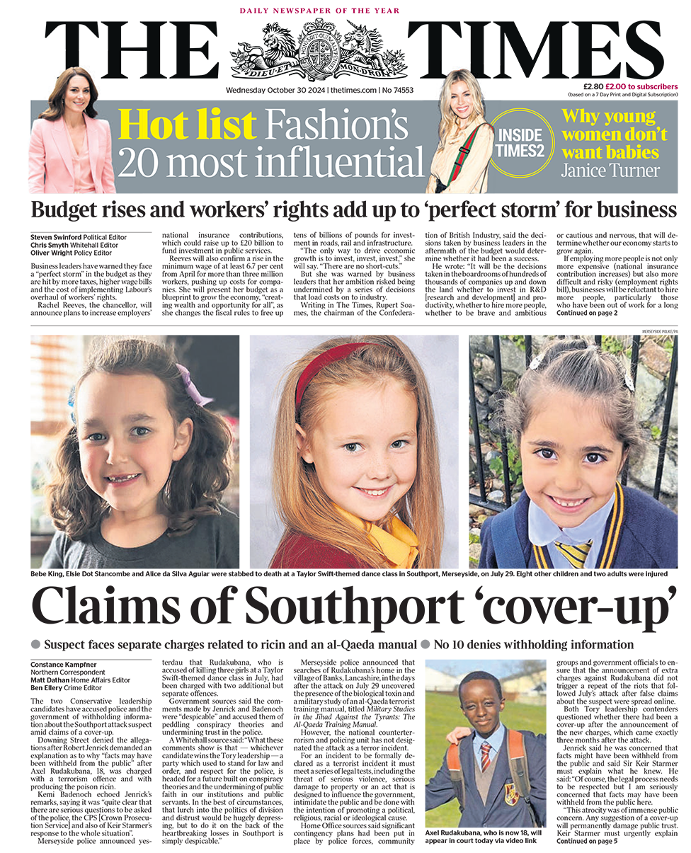 The headline in the Times reads: "Claims of Southport 'cover-up'"