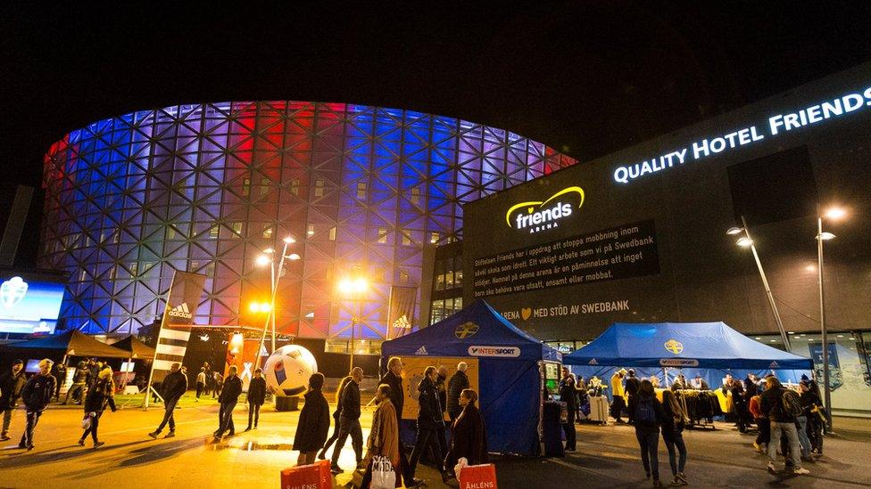 Friends Arena lit up before the European qualifier play-off between Sweden and Denmark