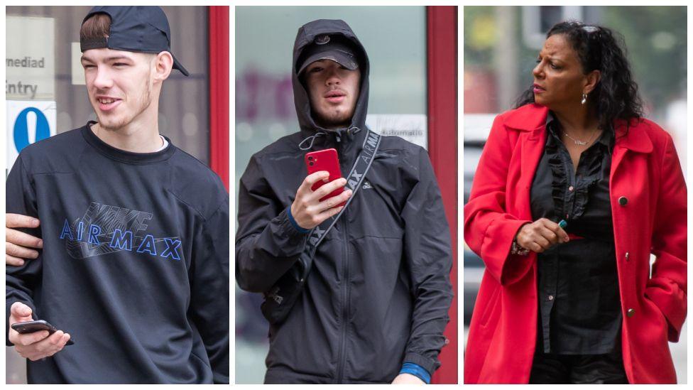 Three pictures showing two boys, Jayden in a hoodie (centre) and Morgan in a reverse baseball cap (left), both on their phones, and a woman in a red coat carrying a vape (red)