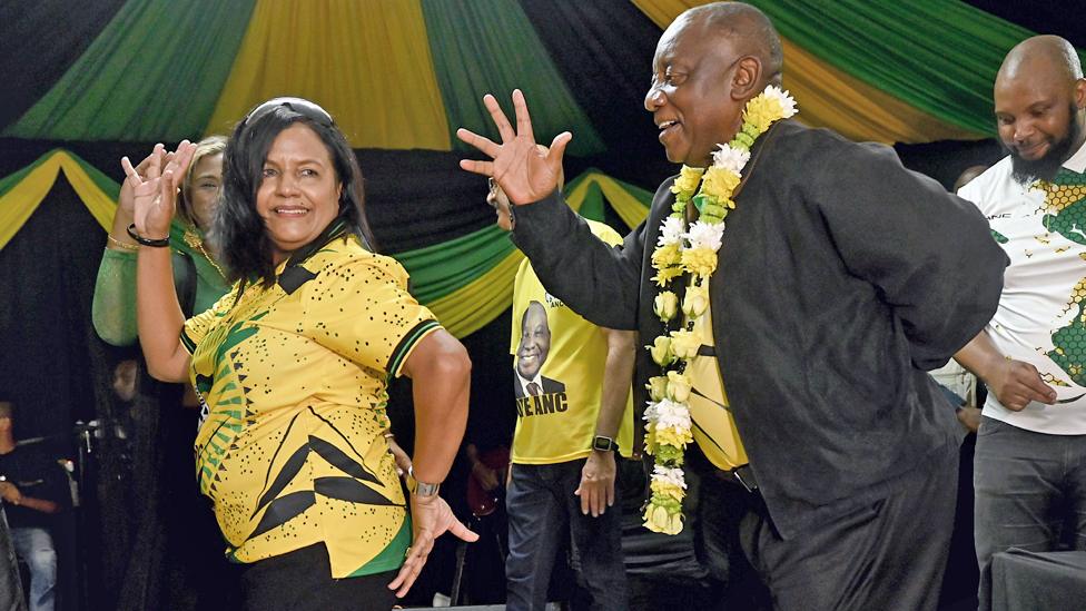 President Cyril Ramaphosa, president of the African National Congress (ANC), right, dances during an election campaign at Mellowood community hall in KwaDukuza in KwaZulu-Natal province, South Africa - 20 April 2024