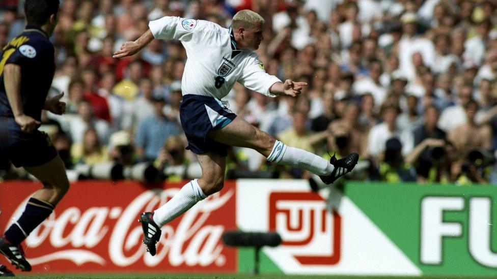 Paul Gascoigne scoring for England in 1996