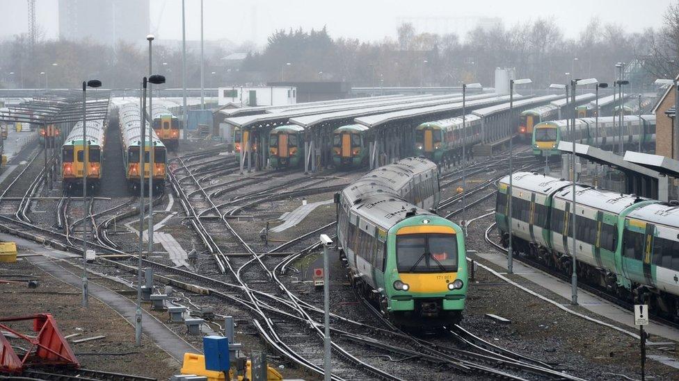 Trains parked in a depot during the strike