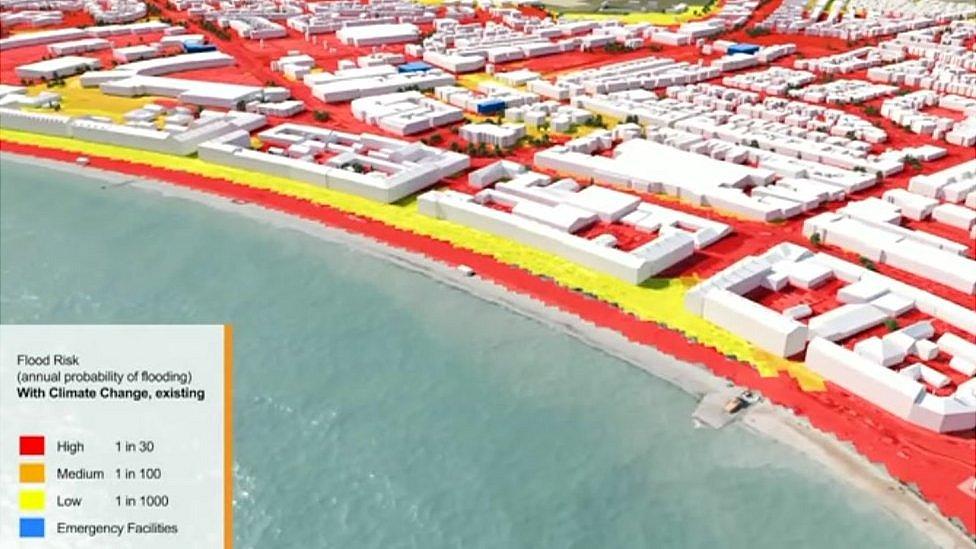 Model showing Llandudno annual flood risk if sea levels rise over the next century