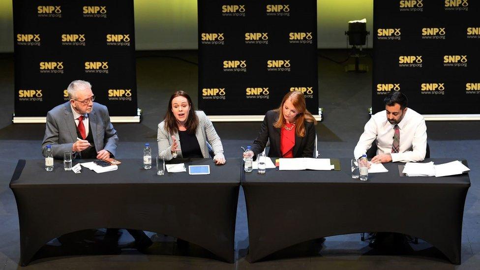 Scottish National Party President Mike Russell, Kate Forbes, Ash Regan and Humza Yousaf taking part in the first SNP leadership hustings in Cumbernauld